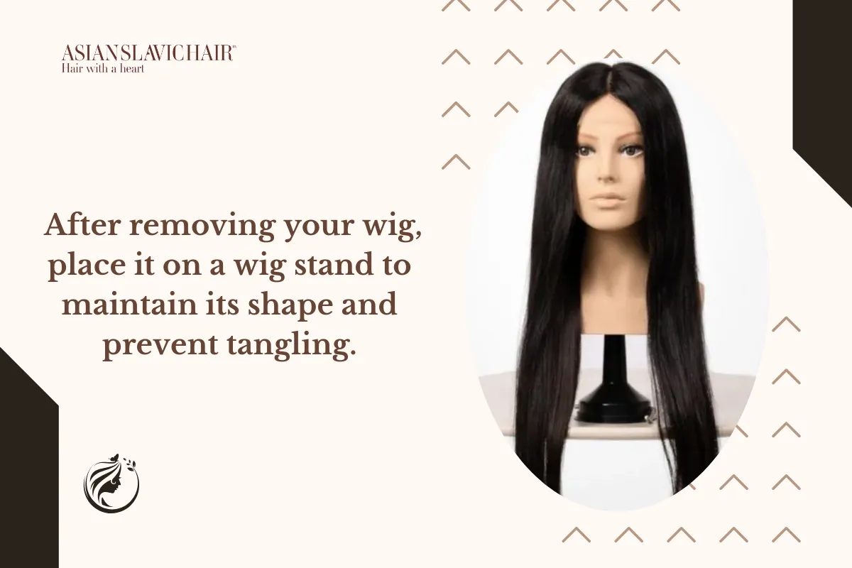 After removing your wig, place it on a wig stand to maintain its shape and prevent tangling.