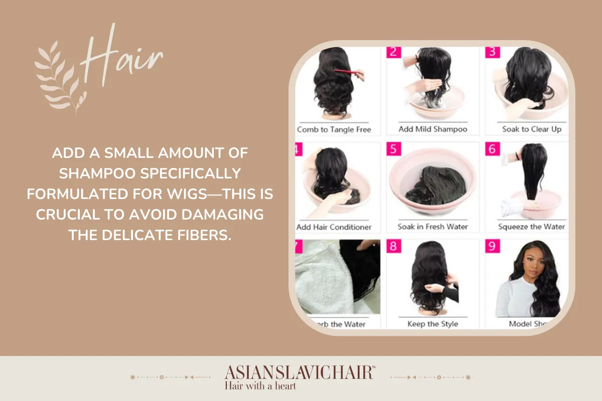 Add a small amount of shampoo specifically formulated for wigs—this is crucial to avoid damaging the delicate fibers.