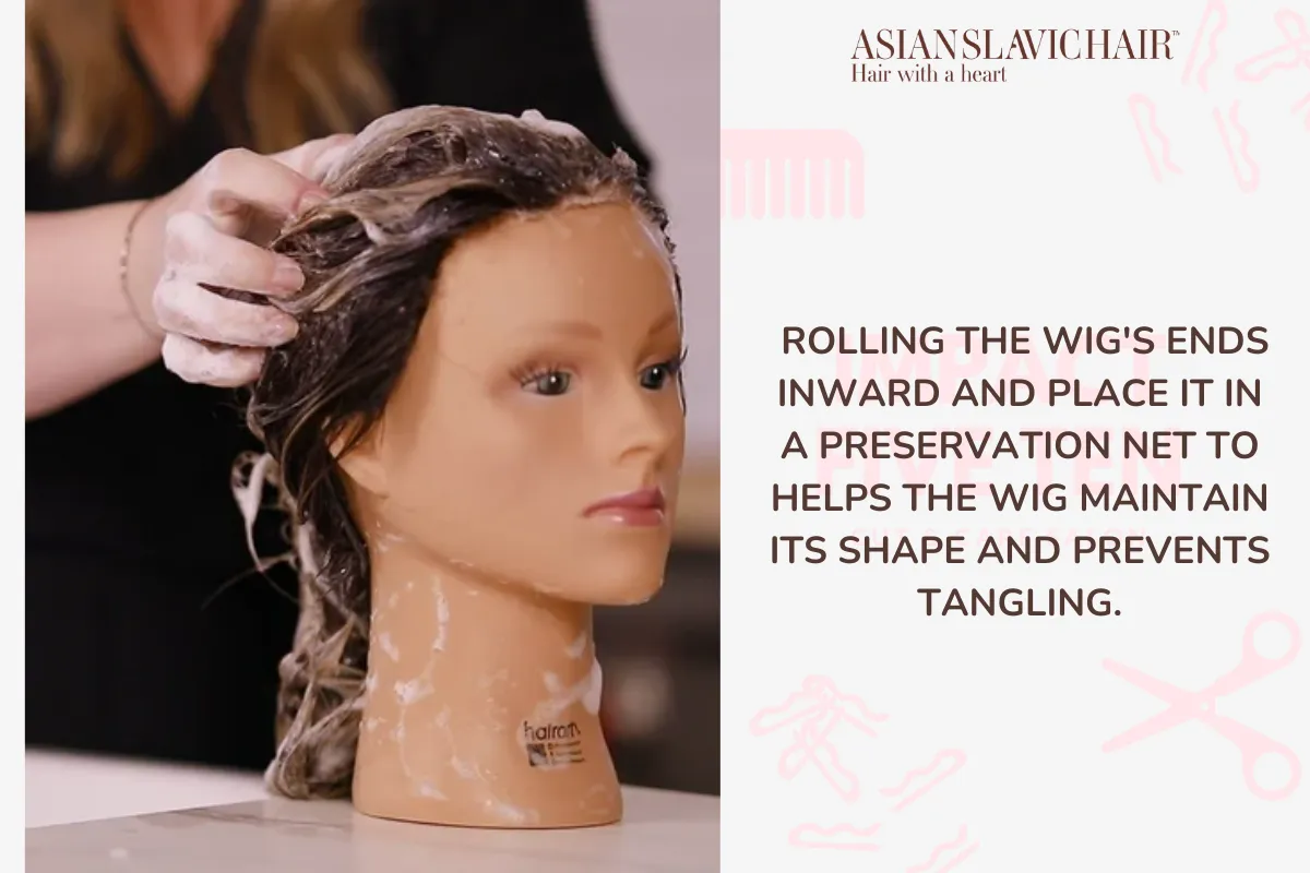 Rolling the wig's ends inward and place it in a preservation net to helps the wig maintain its shape and prevents tangling.