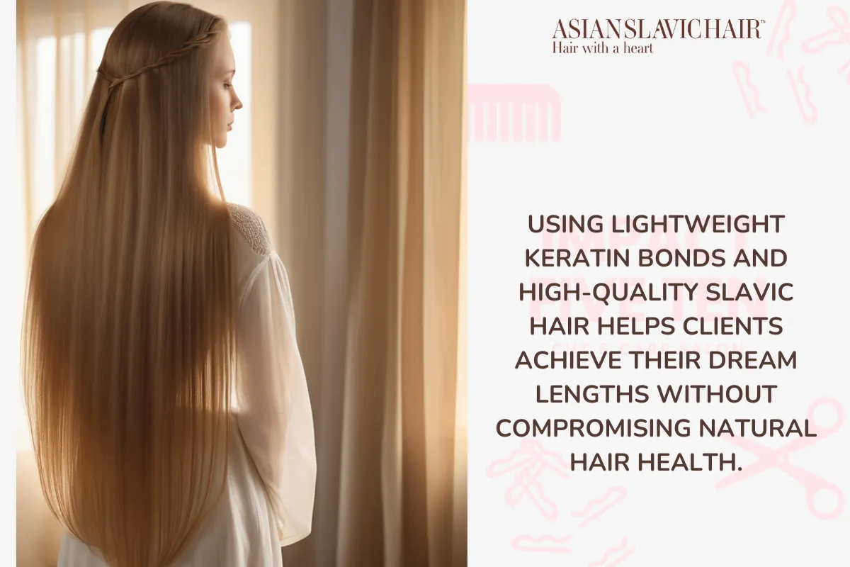 Using lightweight keratin bonds and high-quality Slavic hair helps clients achieve their dream lengths without compromising natural hair health.